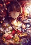  bad_id bow brown_eyes brown_hair bust detached_sleeves flower hair_bow hakurei_reimu long_hair miko nature red_rose rose sinsora smile solo sunflower touhou white_rose 