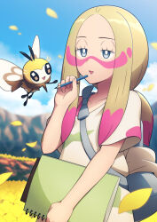  1girl backpack bag blonde_hair blue_eyes blue_sky blurry blurry_background bright_pupils clouds colored_tips commentary_request eyelashes facepaint field floating flower flower_field highres holding holding_notebook holding_pencil in-universe_location long_hair mina_(pokemon) multicolored_hair notebook open_mouth outdoors pencil pink_hair pokemon pokemon_(creature) pokemon_sm ribombee sky smile standing taba_neruko two-tone_hair white_pupils 