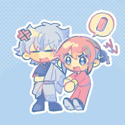 1boy 1girl anger_vein blue_background blue_eyes blue_shirt bun_cover chibi chinese_clothes closed_eyes commentary_request gintama grey_kimono hadanugi_dousa hair_bun highres japanese_clothes kagura_(gintama) kimono male_focus messy_hair open_mouth orange_hair pants polka_dot polka_dot_background red_pants sakata_gintoki shiono_15 shirt short_hair short_sleeves speech_bubble spoken_object white_hair 