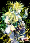 blue_eyes brother_and_sister detached_sleeves elbow_gloves fingerless_gloves gloves hair_ornament hair_ribbon hairclip hairpin headphones kagamine_len kagamine_len_(append) kagamine_rin kagamine_rin_(append) popped_collar ribbon short_hair siblings smile twins vocaloid vocaloid_append yuzuki_karu 