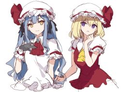  2girls alternate_eye_color alternate_hair_length alternate_hairstyle ascot black_gloves blonde_hair blue_eyes bow closed_mouth collared_shirt commentary_request cropped_torso flandre_scarlet gloves hat ideolo lace lace_gloves long_hair looking_at_viewer mob_cap multiple_girls puffy_short_sleeves puffy_sleeves red_ascot red_bow red_skirt red_vest remilia_scarlet shirt short_hair short_sleeves siblings simple_background sisters sketch skirt smile touhou upper_body very_long_hair vest violet_eyes white_background white_hat white_shirt yellow_ascot yellow_eyes 