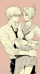  1boy 1girl gintama glasses highres hug looking_at_another meeseek7r necktie round_eyewear sakata_gintoki scar scar_on_face school_uniform shirt skirt tsukuyo_(gintama) 