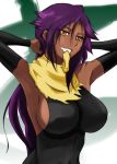  1girl adjusting_hair armpits arms_up bleach breasts ckros-15 dark_skin fang grin large_breasts long_hair looking_at_viewer mouth_hold no_bra purple_hair scarf shihouin_yoruichi sideboob smile solo yellow_eyes 