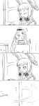  1girl 4koma admiral_(kantai_collection) box closed_eyes closing_door comic delphinus hair_ribbon hat headgear kantai_collection mikan_box monochrome murakumo_(kantai_collection) opening_door peaked_cap pencil ribbon textbook translated 