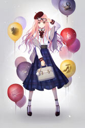  1girl adjusting_eyewear artist_request bag bag_charm balloon beret black-framed_eyewear black_corset black_shoes blue_skirt bow bowtie brown_eyes brown_hat charm_(object) closed_mouth collared_shirt copyright_name corset dot_nose eyewear_on_head fashion floating_hair full_body game_cg grey_background grey_bag grey_shawl handbag hat holding holding_bag horizontal-striped_sleeve_cuffs light_blush light_particles long_hair long_skirt long_sleeves looking_at_viewer miracle_nikki nikki_(nikki) nikki_(series) official_art pink_hair plaid_clothes plaid_skirt pleated_skirt pom_pom_(clothes) red_bow red_bowtie red_sleeve_cuffs shadow shawl shirt shoes sidelocks single_stripe skirt smile socks solo standing straight-on third-party_source very_long_hair white_shirt white_socks youth_poem_(miracle_nikki) 