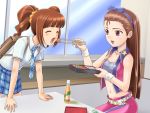  arm_support bag bottle brown_eyes brown_hair chopsticks closed_eyes cool_&amp;_sexy_(idolmaster) eyes_closed feeding hairband idolmaster long_hair midriff minase_iori muhi11234 multiple_girls navel obentou open_mouth rough_time_school school_uniform sitting takatsuki_yayoi twintails 