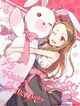  1girl ;) artist_name blush bow brown_eyes brown_hair copyright_name dated dress hairband happy_birthday heart highres hug idolmaster long_hair minase_iori open_mouth red_eyes redrop smile solo stuffed_animal stuffed_bunny stuffed_toy takatsuki_yayoi watermark web_address wink 