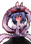 blush bow frills hat nagae_iku nanatu_yashiki purple_hair red_eyes ribbon shawl short_hair skirt solo touhou