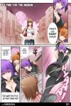  3girls ayane ayane_(doa) breasts brown_hair cleavage comic crimeglass dead_or_alive emphasis_lines english hairband hitomi jeans kasumi large_breasts multiple_girls purple_hair tank_top 