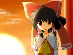  ascot bad_id black_hair bow brown_hair bust detached_sleeves hair_bow hair_ribbon hakurei_reimu ponytail red_eyes solo sora_no_amagumo sun sunset touhou 