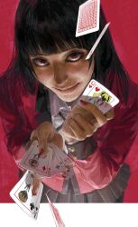  1girl black_hair black_skirt blazer blunt_bangs card highres hime_cut holding holding_card hyakkaou_academy_school_uniform jabami_yumeko jacket kakegurui long_hair looking_at_viewer playing_card red_eyes red_jacket red_nails red_suit school_uniform sheruff1010 shirt skirt smile solo suit very_long_hair white_shirt 