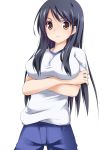  blush breast_hold breasts brown_eyes crossed_arms frown fukiyose_seiri gym_uniform kue long_hair solo sports_uniform sportswear taut_shirt to_aru_majutsu_no_index 