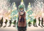  christmas christmas_tree closed_eyes eyes_closed gift green_hair hatsune_miku highres lights long_hair museum2088_(shentian) pantyhose scarf solo very_long_hair vocaloid 