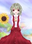  :d ascot bad_id flower fromage_tart furomaaju_(fromage) green_hair kazami_yuuka long_skirt open_mouth plaid plaid_skirt plaid_vest red_eyes short_hair skirt skirt_set smile solo sunflower tartan touhou youkai 