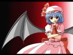 bad_id bat_wings blue_hair brooch crossed_arms dress gradient gradient_background grin hat hat_ribbon jewelry red_eyes remilia_scarlet ribbon short_hair smile solo sora_no_amagumo touhou wings 