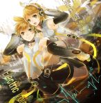  blond_hair green_eyes hand_on_headphones headphones kagamine_len kagamine_len_(append) kagamine_rin kagamine_rin_(append) ribbon siblings sk smile thighhighs twins vocaloid vocaloid_append 