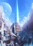  absurdres ac_(eshi) background brown_hair canyon cityscape clouds eshi fisheye highres hover_bike megastructure original planet science_fiction short_hair sky solo 