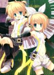  arm_warmers bad_id blonde_hair brother_and_sister center_opening detached_sleeves hair_ornament hair_ribbon hairclip headphones kagamine_len kagamine_len_(append) kagamine_rin kagamine_rin_(append) navel piano_keys ribbon short_hair shorts siblings smile thighhighs twins unjou_takehiro vocaloid vocaloid_append 