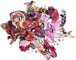  animal_ears animal_helmet armor blue_eyes breasts cat_ears fang fishnets headwear_removed helmet helmet_removed kyatto_ninden_teyandee mecha_musume no_humans pantyhose polly_ester polly_esther pururun ramb_chop red_hair samurai_pizza_cats solo torn_clothes transformation 