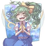  ascot bad_id bow closed_eyes daiyousei eyes_closed fairy_wings green_hair hair_bow hands_clasped highres kansou_samehada kei_t_sr long_hair open_mouth side_ponytail solo teeth touhou wings 