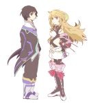 1girl bad_id black_hair blonde_hair boots brown_eyes choker gloves hacho jude_mathis long_hair milla_maxwell mira_maxwell multicolor_hair multicolored_hair red_eyes ribbon ribbons short_hair skirt tales_of_(series) tales_of_xillia white_background 