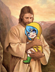  1boy 1girl beard blue_eyes blue_hair boots brown_hair carrying carrying_person closed_eyes commentary english_commentary facial_hair fine_art_parody flying_sweatdrops green_boots highres jesus jubilee_2025 korzynka_persykiv long_hair lost_lamb luce_(jubilee_2025) open_mouth parody raincoat robe short_hair symbol-shaped_pupils tearing_up tears the_bible wavy_mouth white_robe wide_sleeves yellow_raincoat 