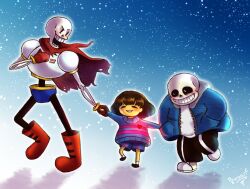 1other 2015 2boys 2d ambiguous_gender armor artist_name black_pants blue_background blue_jacket boots brothers brown_hair bwaarf cape child digital_media frisk_(undertale) gloves glowing gradient_background hair hand_in_pocket hand_on_own_chest hands_in_pockets heart height_difference holding_hands hood hood_down hooded_jacket human humanoid jacket male monster monster_boy open_jacket open_mouth outline pants papyrus_(undertale) red_boots red_cape red_gloves sans_(undertale) shirt short_hair siblings skeleton slippers socks striped_clothes striped_pants teeth trio undead undertale utdr_(toby_fox) walking white_armor white_background white_outline white_shirt white_slippers