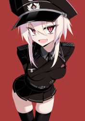  1girl absurdres arms_behind_back belt bent_over black_necktie black_thighhighs blazer blonde_hair breasts collared_shirt cross epaulettes green_shirt hat highres iron_cross jacket jiseki_rena long_hair looking_at_viewer military_uniform nazi necktie open_mouth original peaked_cap pleated_skirt red_eyes reichsadler shirt sidelocks skindentation skirt slit_pupils small_breasts thigh-highs thigh_gap tongue totenkopf zettai_ryouiki 