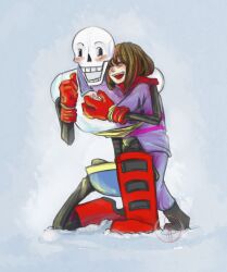 1boy 1other 2016 2d ambiguous_gender balkeir blush boots brown_boots brown_hair child commentary digital_media duo english_commentary frisk_(undertale) gloves hair height_difference holding_hands hug human humanoid kneeling male monster monster_boy on_one_knee open_mouth pants papyrus_(undertale) red_boots red_gloves shirt short_hair signature skeleton snow striped_clothes striped_shirt teeth undead undertale utdr_(toby_fox)