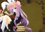  animal_ears apple bangs blush book bunny_ears bunny_tail crescent crescent_moon food fruit hair_ribbon hat holding holding_book kneehighs long_hair needle open_book patchouli_knowledge purple_hair ribbon school_uniform scissors shiromomo solo tail touhou very_long_hair 
