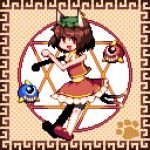  animal_ears blue_oni bow brown_eyes brown_hair cat_ears cat_tail chen earrings hair_bow hexagram jewelry lowres magic_circle miranko multiple_tails oni pixel_art red_oni solo tail touhou 