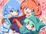  3girls backpack bag belt blue_eyes blue_hair bulbasaur charmander fang finger_gun fire glasses hair_bobbles hair_ornament heart highres hood hoodie multiple_girls open_mouth personification pokemon pokemon_(game) pokemon_rgby randoseru red_eyes red_hair redhead short_hair shorts side_ponytail skirt smile squirtle tail v wink 