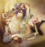  beads blue_hair crown flower frame kaori_(sizuk) leggings pearl pink_rose purple_hair rose shindou_sugata solo star_driver 
