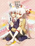  cellphone contemporary fujiwara_no_mokou kamishirasawa_keine multiple_girls phone school_uniform shinoasa touhou translated 