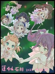  4th_live_dream_~bloom_the_dream_believers~ 6+girls :d ;d anyoji_hime armpit_crease aurora_flower_(love_live!) bangs_blown_up bare_shoulders black_hair blonde_hair blue_eyes blue_hair blue_ribbon blue_skirt blunt_bangs blunt_ends bob_cut braid brown_hair butterfly_hair_ornament center-flap_bangs closed_mouth commentary_request cross-laced_clothes cross-laced_top curtained_hair elbow_gloves flying fujishima_megumi gloves gradient_hair green_background green_eyes grey_hair hair_ornament hairband highres hinoshita_kaho inverted_bob kachimachi_kosuzu link!_like!_love_live! long_hair love_live! medium_hair momose_ginko multicolored_hair multiple_girls murano_sayaka myrain56991013 neck_ribbon official_alternate_costume one_eye_closed open_mouth orange_hair osawa_rurino otomune_kozue outstretched_arms parted_bangs pink_hair pink_ribbon pink_skirt pleated_skirt ponytail purple_hair purple_ribbon purple_skirt red_hair ribbon shirt short_hair short_sleeves side_braids side_ponytail sidelocks skirt sleeveless sleeveless_shirt smile split_mouth spread_arms streaked_hair teeth twintails two-tone_hair two_side_up upper_teeth_only v-shaped_eyebrows violet_eyes virtual_youtuber white_gloves white_hairband white_shirt yugiri_tsuzuri 