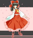  1girl bow brown_eyes brown_hair detached_sleeves hair_bow hakurei_reimu highres long_hair miko ofuda solo touhou 