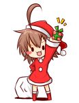  ahoge blush_stickers boots brown_hair chibi christmas gift hat holding holding_gift last_order rubii sack santa_costume santa_hat short_hair to_aru_majutsu_no_index 