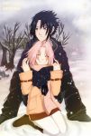  1girl black_hair couple haruno_sakura naruto pink_hair scarf snow uchiha_sasuke 