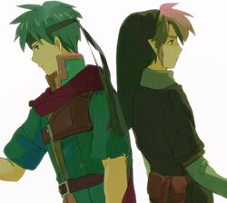  2boys blue_hair cape fire_emblem fire_emblem:_souen_no_kiseki hat headband ike link lowres multiple_boys nintendo pointy_ears super_smash_bros. the_legend_of_zelda twilight_princess 