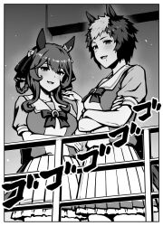  2girls animal_ears breasts collarbone commentary_request crossed_arms empty_eyes fence gentildonna_(umamusume) greyscale hair_rings highres horse_ears horse_girl horse_tail imada_hidehito large_breasts looking_at_viewer medium_hair mejiro_ryan_(umamusume) menacing_(jojo) monochrome multiple_girls open_mouth ribbon saliva school_uniform tail tracen_school_uniform umamusume 