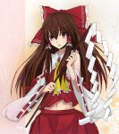  bad_id bangs bare_shoulders bow brown_eyes brown_hair detached_sleeves floral_background frills gohei hair_bow hair_tubes hakurei_reimu holding long_hair looking_at_viewer midriff miko miruto_netsuki neckerchief netsu open_mouth red_eyes ribbon skirt solo touhou 