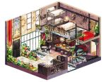  bed chair floorplan flower highres interior isometric nishihara_isao no_humans original room spiral_staircase table teron 