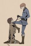  absurdres axis_powers_hetalia blood boots brothers highres inomichi_nao kneeling knife male military military_uniform multiple_boys northern_italy_(hetalia) siblings sitting southern_italy_(hetalia) torture uniform whip 