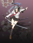  highres kagerou_(shadowmage) katana kneehighs legs original red_eyes ribbon school_uniform skirt solo sword twintails weapon 