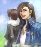  age_difference brown_hair father_and_son final_fantasy final_fantasy_viii green_eyes habbitrot highres jewelry laguna_loire male multiple_boys open_mouth petals single_earring spoilers squall_leonhart 
