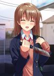  blood blood_stain blood_stains blush brown_hair closed_eyes eyes_closed hyakuen_raitaa knife open_mouth original reverse_grip school_uniform short_hair solo weapon yandere 