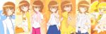  blue_background brown_eyes brown_hair column_lineup cure_sunshine dress dual_persona hakama heartcatch_precure! heartcatch_pretty_cure! highres japanese_clothes magical_girl multiple_persona myoudouin_itsuki orange_background orange_dress precure pretty_cure short_hair towel wink yellow_dress 