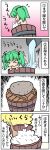  &gt;_&lt; 4koma bare_shoulders blush_stickers bucket comic green_eyes green_hair highres kedamono_kangoku-tou kisume rasenkiryuu rice rock solo touhou translated twintails 