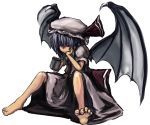  barefoot bat_wings cup hand_on_face hand_on_own_face hat kara_kasa remilia_scarlet silver_hair simple_background sitting solo touhou wings 