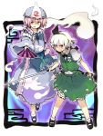  bloomers dual_wielding fan folding_fan hat japanese_clothes katana konpaku_youmu konpaku_youmu_(ghost) mary_janes multiple_girls myon pink_hair red_eyes saigyouji_yuyuko scabbard sergei_(artist) sheath shoes short_hair sword touhou unsheathing weapon white_hair 